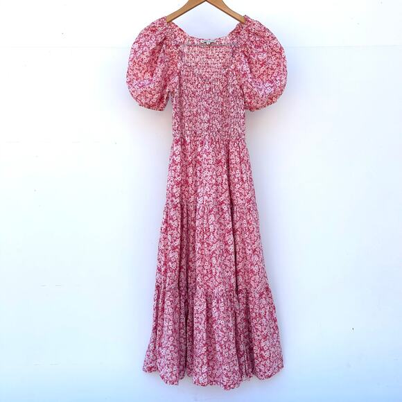 Moon River Pink Floral Feminine Puff Sleeve Midi Sundress XS Spring Tiered - Picture 3 of 7